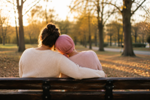 Dos mujeres en un banco del parque, solidaridad